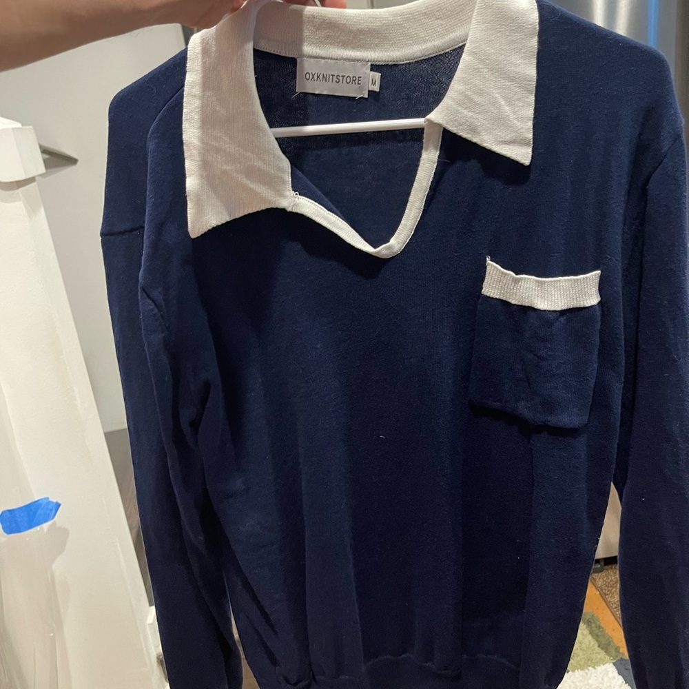 Elegant Blue and White V-Neck Sweater